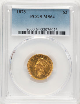 1878 $3 Three Dollar Gold Pieces PCGS MS64