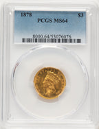 1878 $3 Three Dollar Gold Pieces PCGS MS64