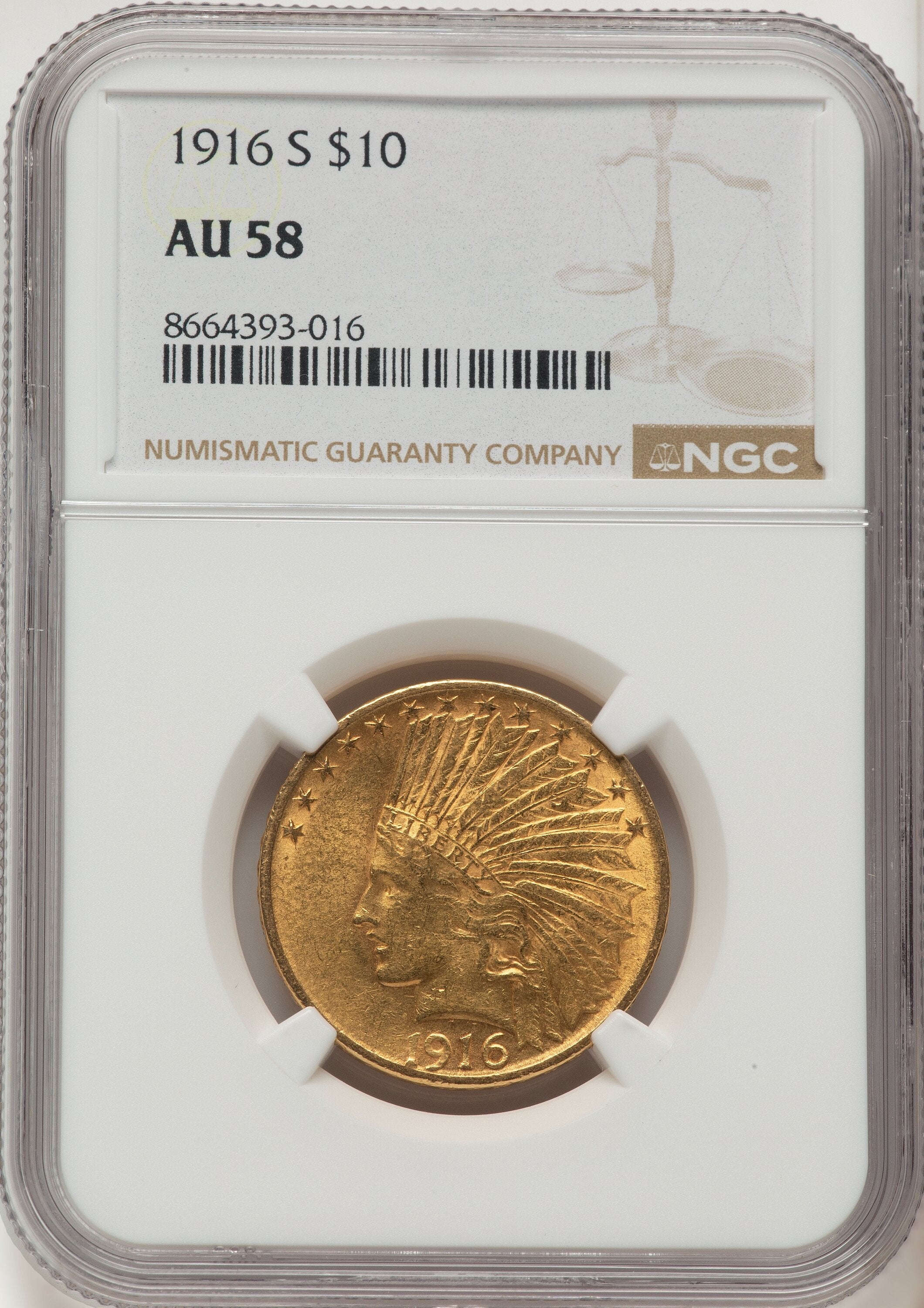 1916-S $10 Indian Eagle NGC AU58