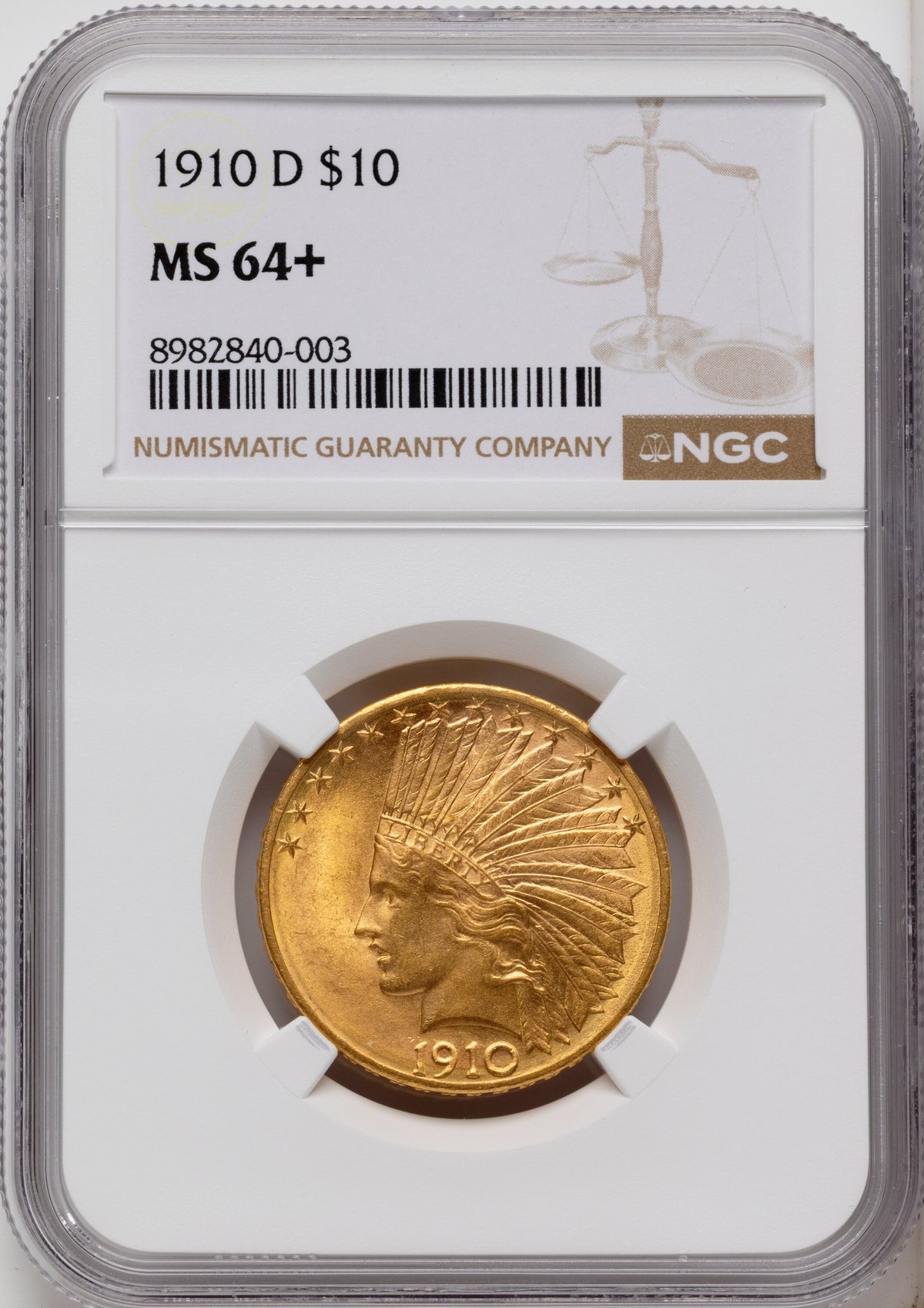 1910-D $10 Indian Eagle NGC MS64+