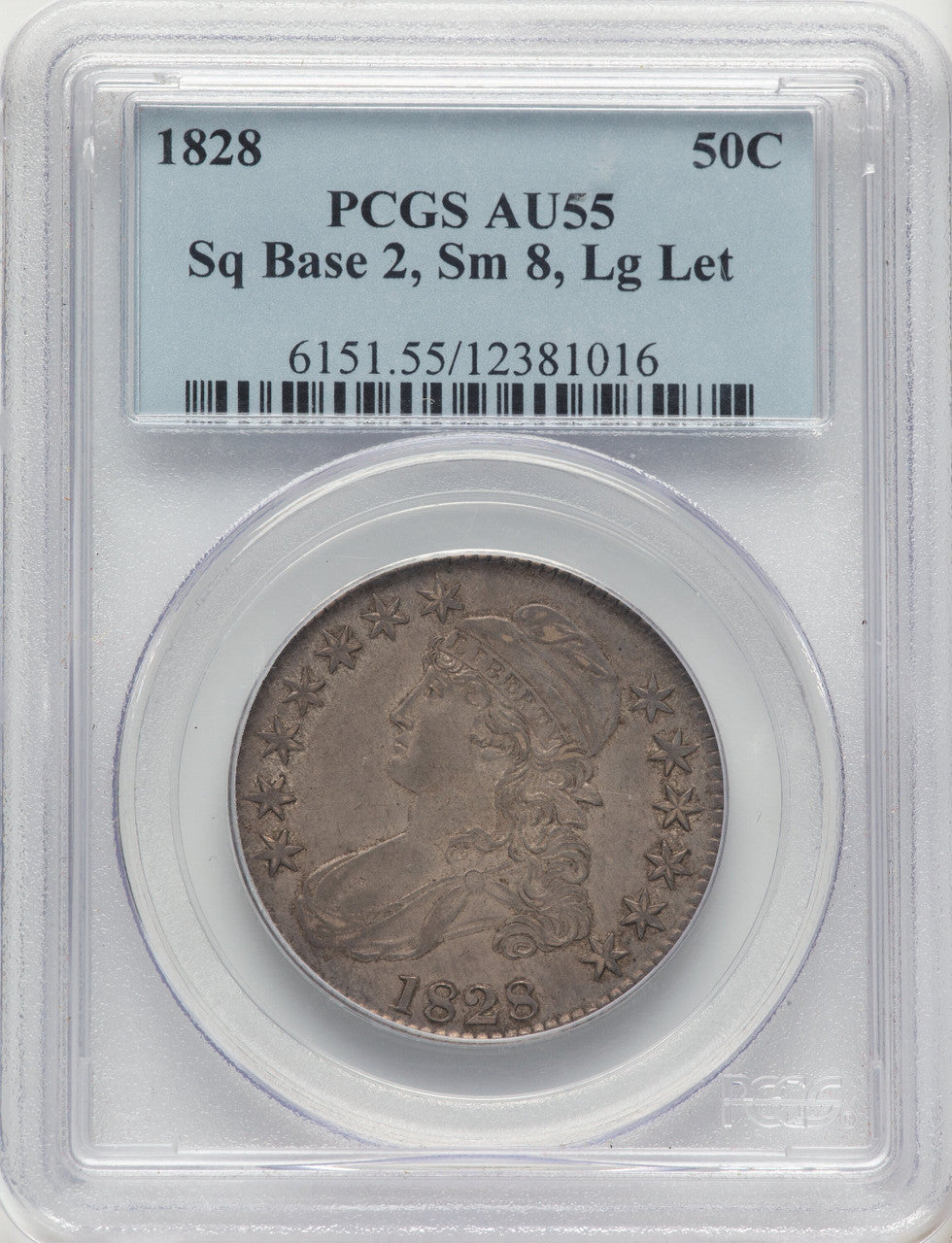 1828 50C Sq Base 2 Sm 8 Lg Let Bust Half Dollar PCGS AU55 | LCR Coin