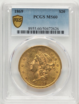 1869 $20 Liberty Double Eagle PCGS MS60