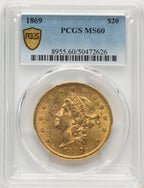 1869 $20 Liberty Double Eagle PCGS MS60