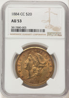 1884-CC $20 Brown Label Liberty Double Eagle NGC AU53