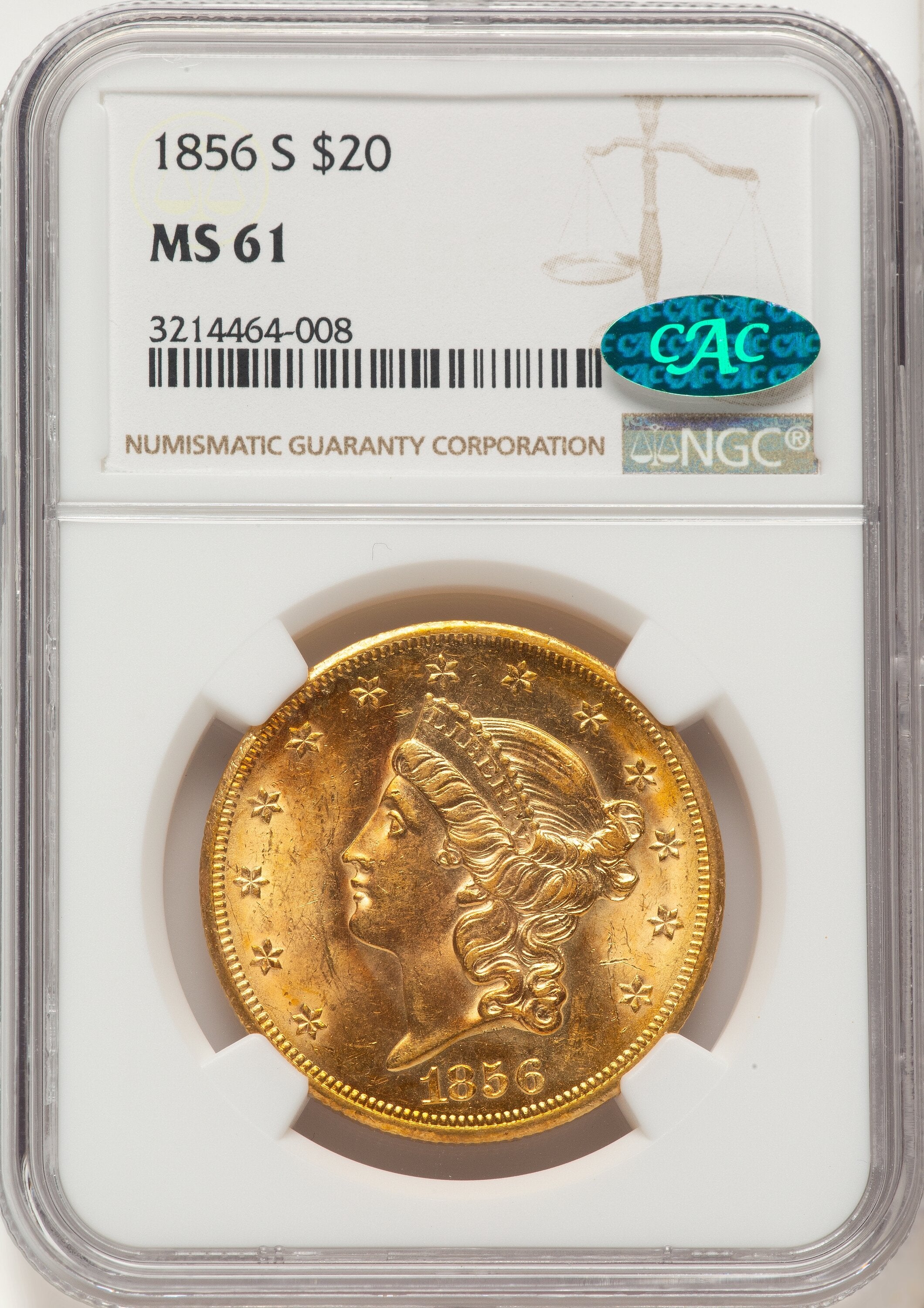 1856-S $20 CAC Liberty Double Eagle NGC MS61