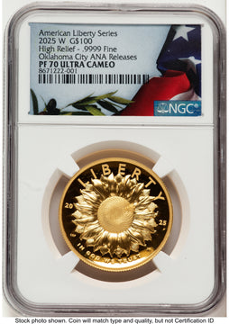 2025-W G$100 American Liberty High Relief Oklahoma City ANA Bunting Flag NGC PF70