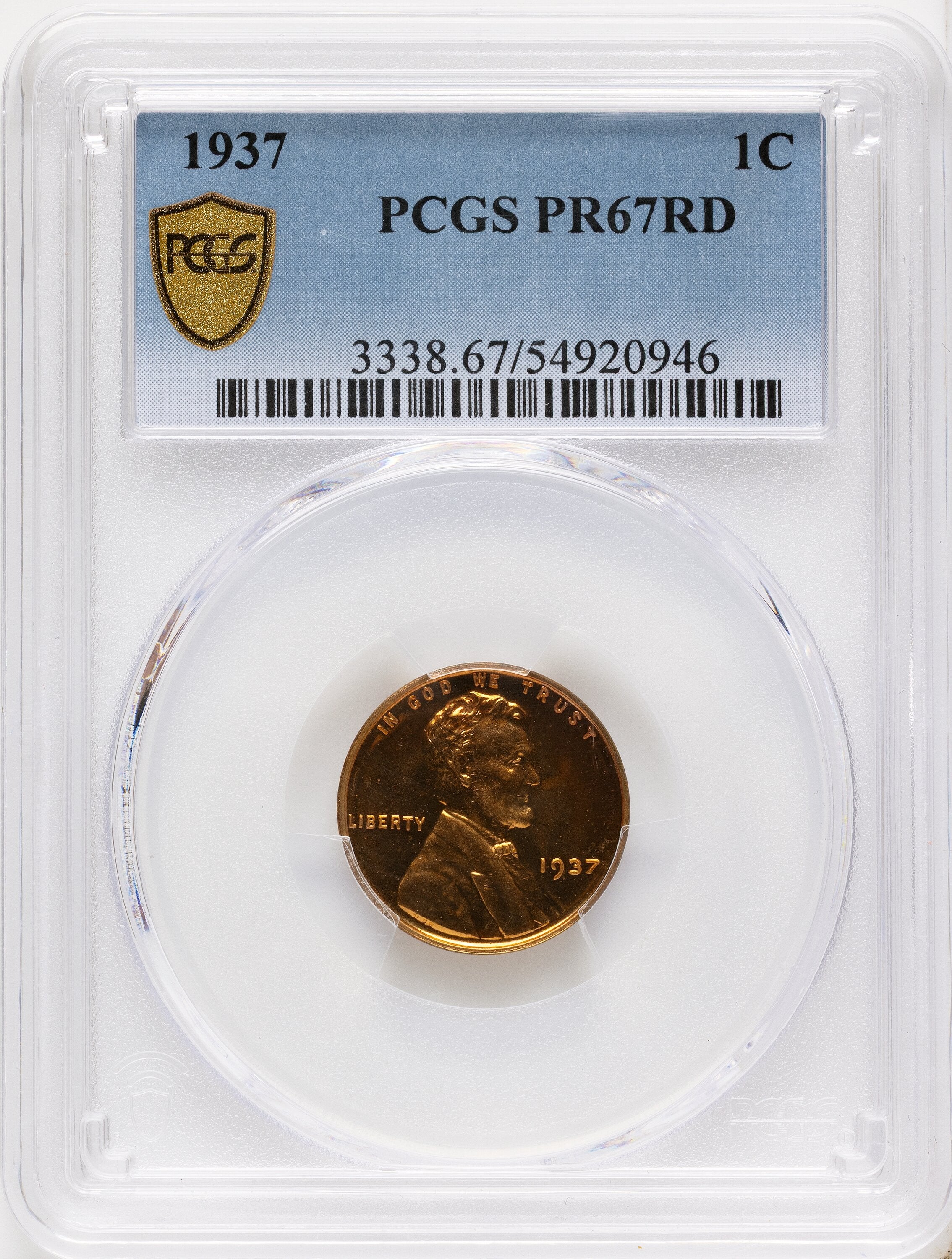 1937 1C RD Proof Lincoln Cent PCGS PR67