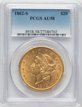 1862-S $20 Blue Gradient Liberty Double Eagle PCGS AU58