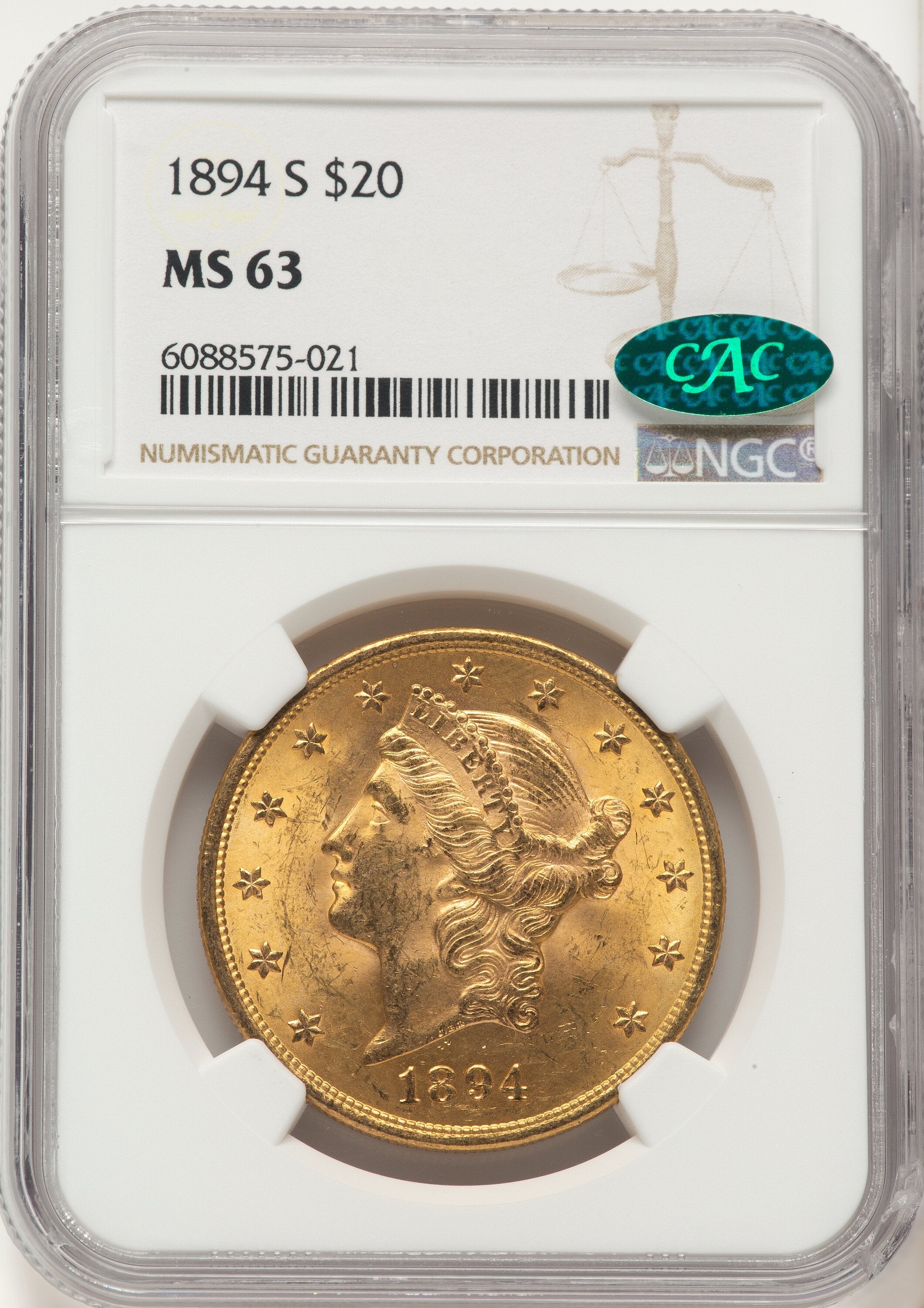 1894-S $20 CAC Liberty Double Eagle NGC MS63