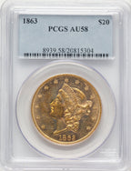 1863 $20 Liberty Double Eagle PCGS AU58
