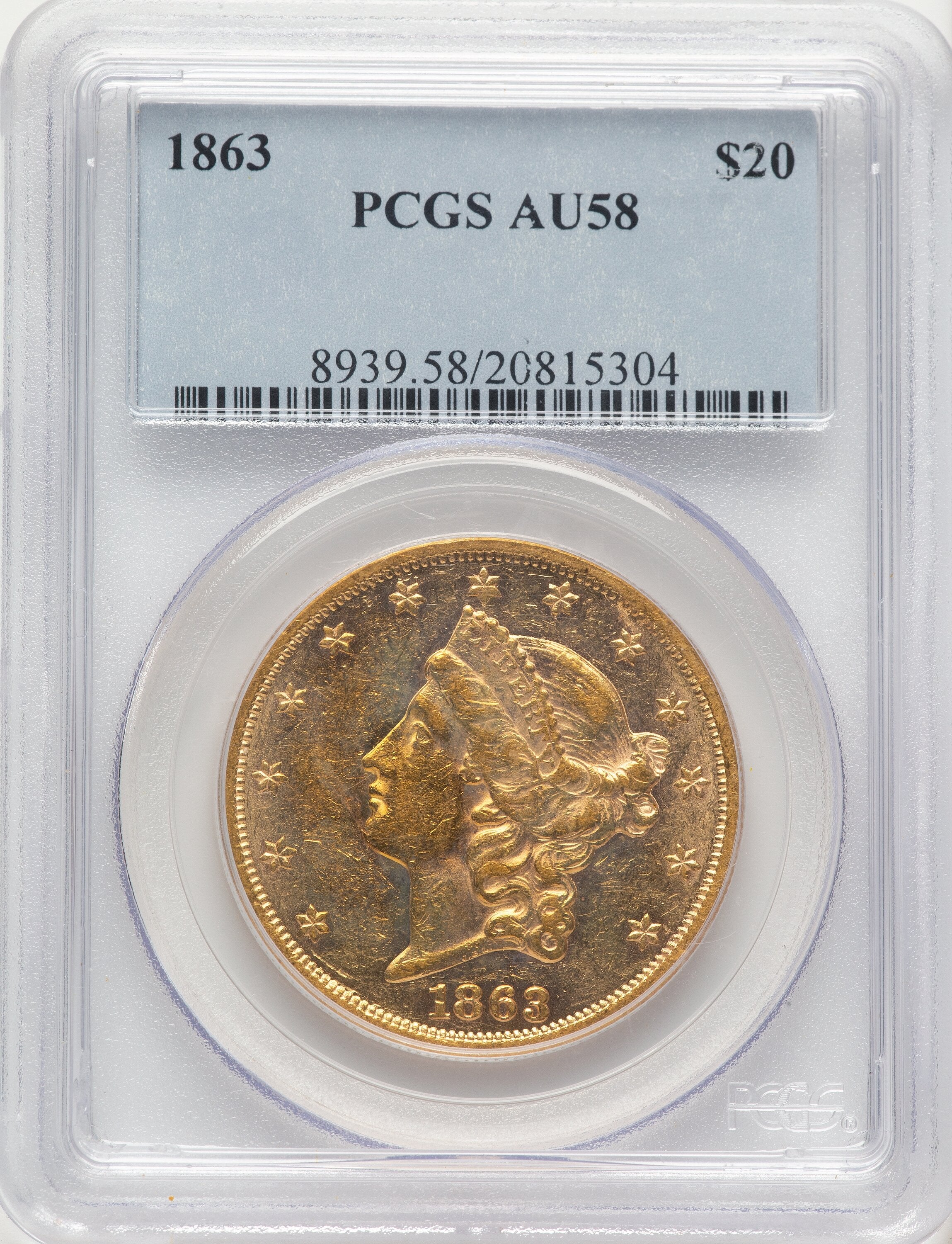 1863 $20 Liberty Double Eagle PCGS AU58