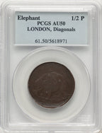 London Elephant Token Diagonals BN Colonials PCGS AU50