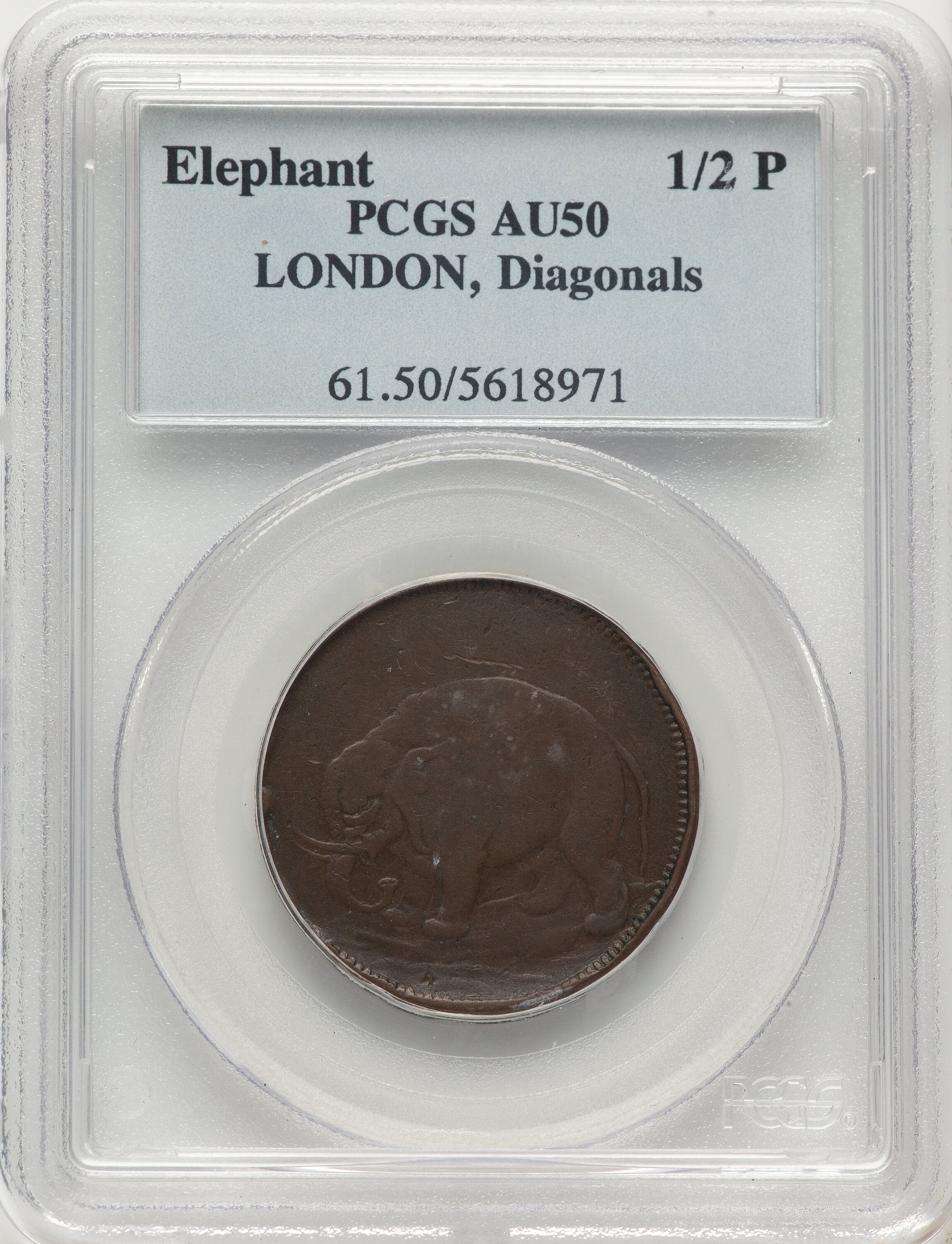London Elephant Token Diagonals BN Colonials PCGS AU50