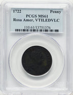 1722 Rosa Americana Penny VTILE BN Colonials PCGS MS61