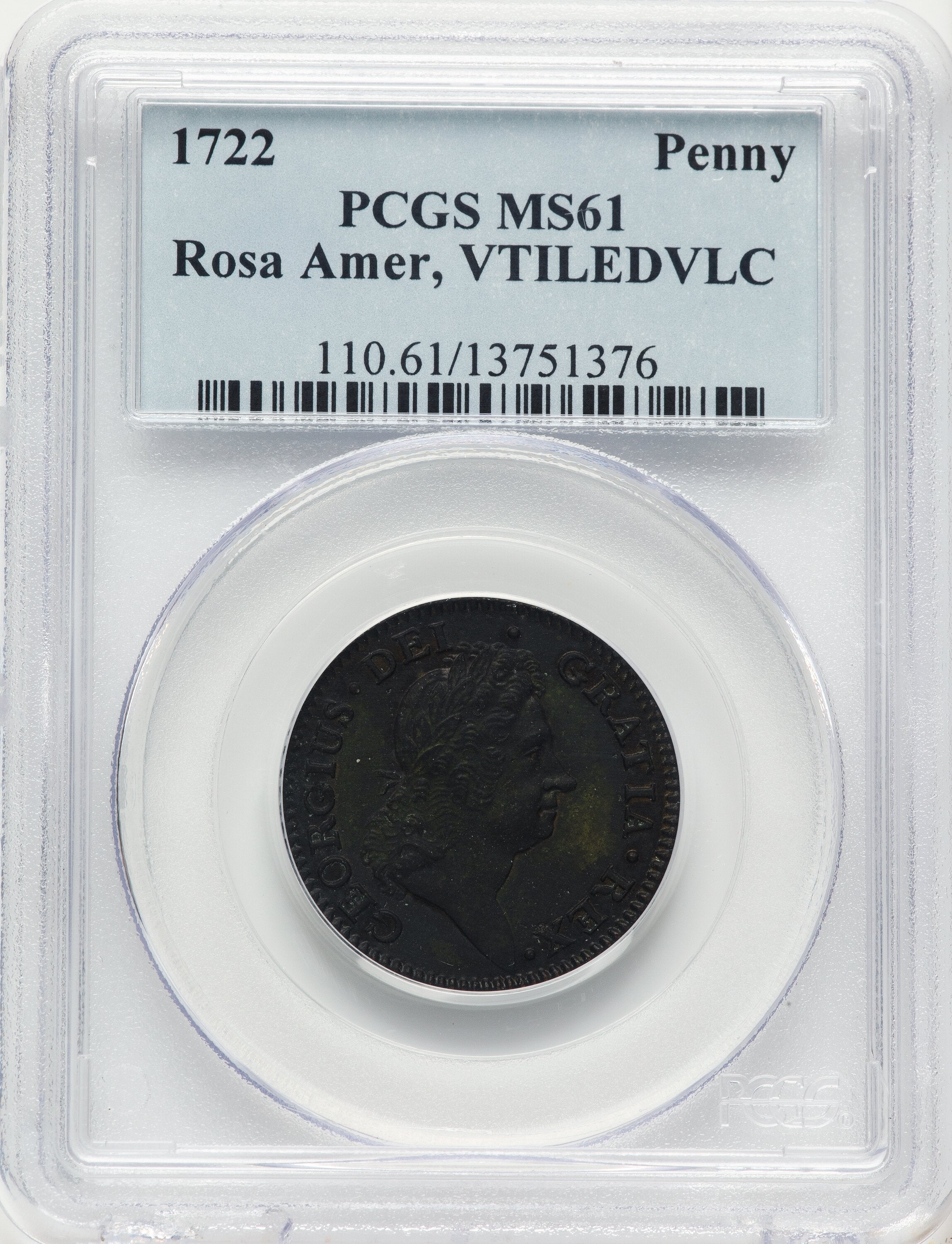 1722 Rosa Americana Penny VTILE BN Colonials PCGS MS61