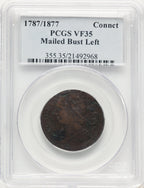 1787/1877 Connecticut Copper Mailed Bust Left BN Colonials PCGS VF35