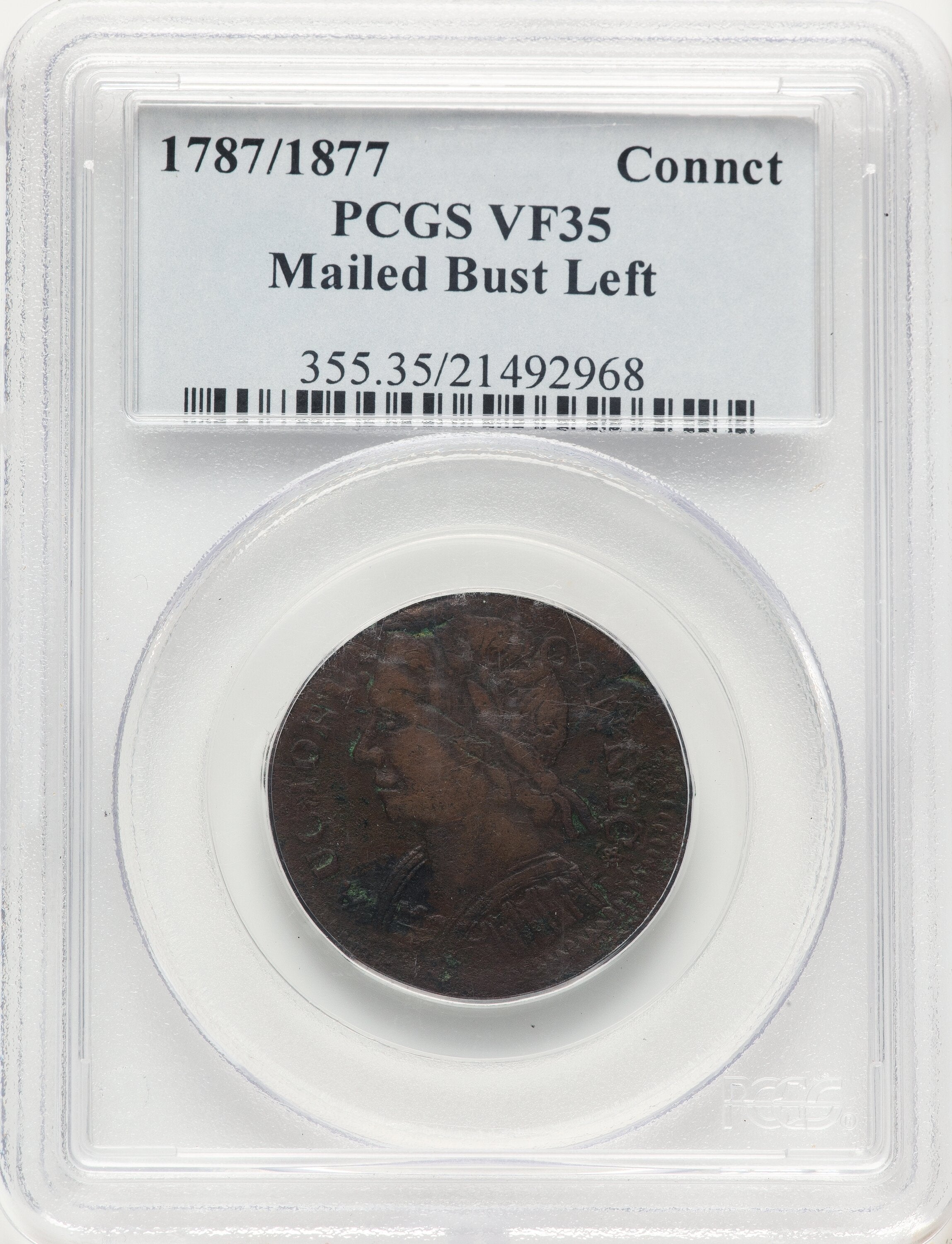 1787/1877 Connecticut Copper Mailed Bust Left BN Colonials PCGS VF35