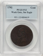 1792 Washington Getz Pattern Cent Small Eagle Copper BN Colonials PCGS F12