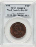 1795 Washington Grate Halfpenny Large Buttons Lettered Edge RB Colonials PCGS MS64