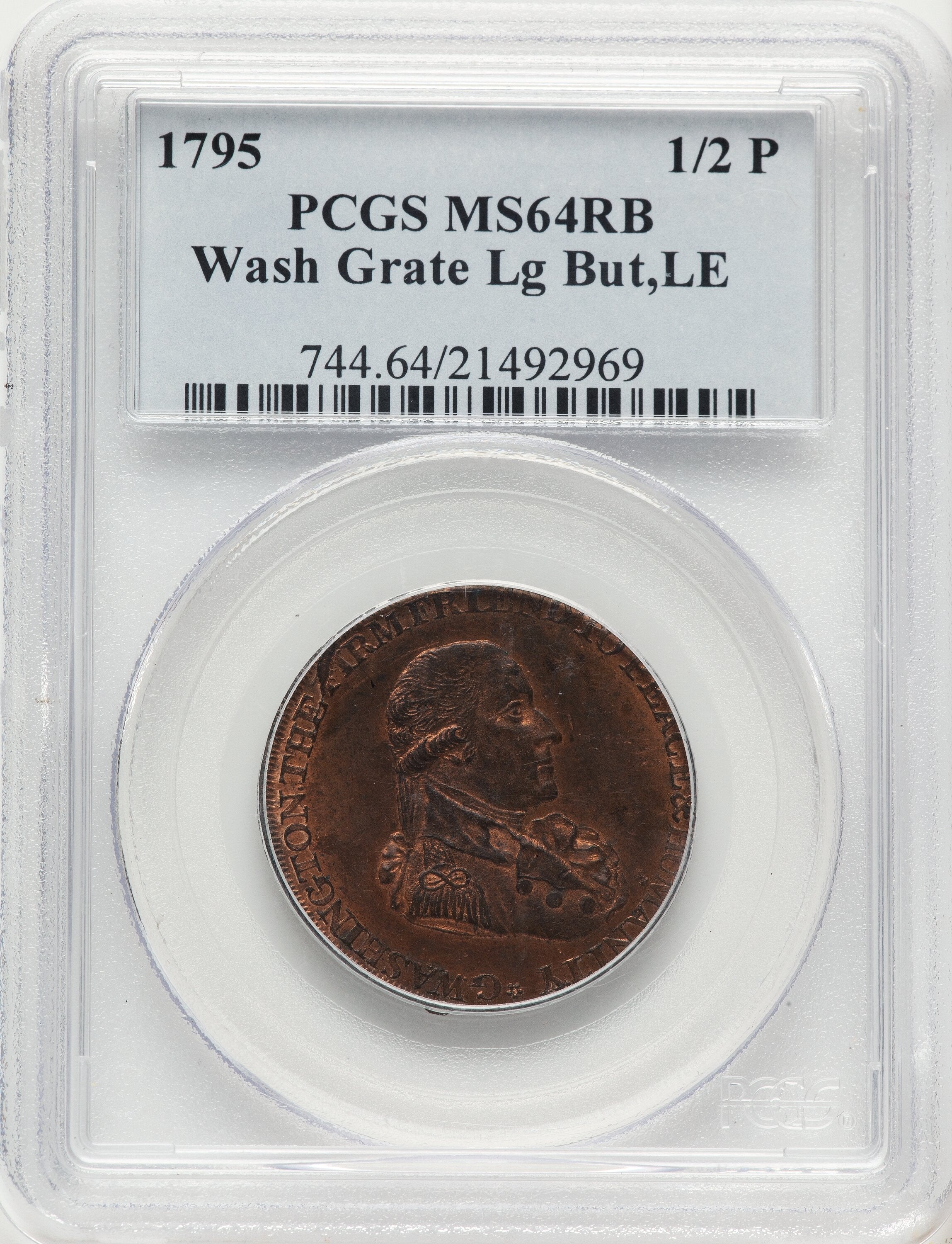 1795 Washington Grate Halfpenny Large Buttons Lettered Edge RB Colonials PCGS MS64