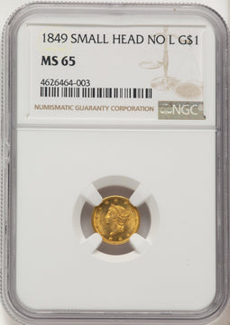 1849 G$1 NO L Gold Dollar NGC MS65