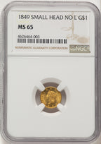 1849 G$1 NO L Gold Dollar NGC MS65