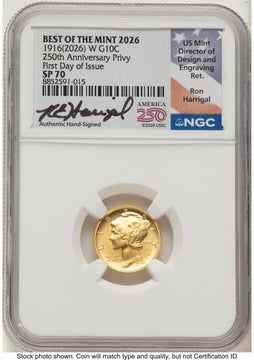 2026 2 Coin Best of the Mint 1916 Mercury Dime Gold 1/10 oz and Silver 1 oz Medal Set FDI Ron Harrigal America 250 NGC MS70