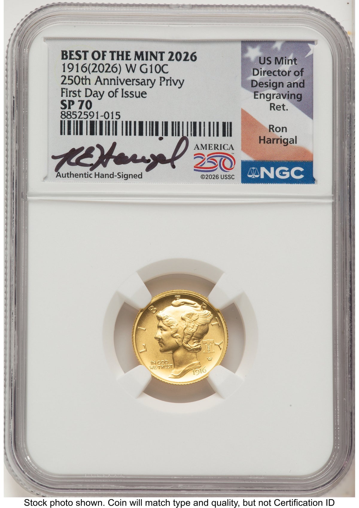 2026 2 Coin Best of the Mint 1916 Mercury Dime Gold 1/10 oz and Silver 1 oz Medal Set FDI Ron Harrigal America 250 NGC MS70