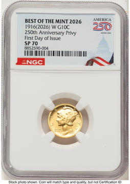 2026 2 Coin Best of the Mint 1916 Mercury Dime Gold 1/10 oz and Silver 1 oz Medal Set FDI America 250 Congress Building Label NGC MS70