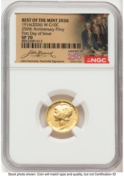 2026 2 Coin Best of the Mint 1916 Mercury Dime Gold 1/10 oz and Silver 1 oz Medal Set FDI America 250 John Hancock Label NGC MS70