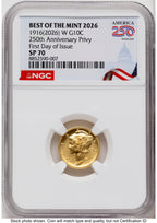 2026-W Best of the Mint 1916 Mercury Dime Gold 1/10 oz FDI America 250 Congress Building Label NGC MS70