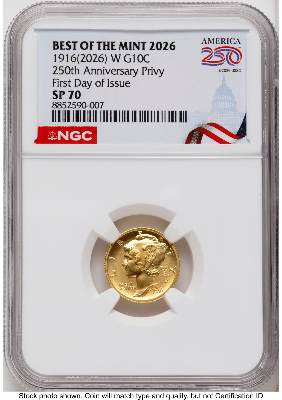 2026-W Best of the Mint 1916 Mercury Dime Gold 1/10 oz FDI America 250 Congress Building Label NGC MS70