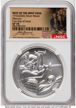 2026 Best of the Mint 1916 Mercury Silver Medal 1 oz FDI America 250 John Hancock Label NGC MS70