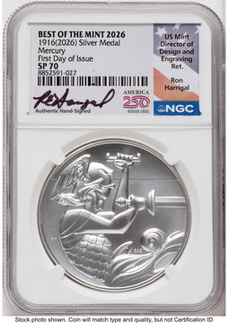 2026 Best of the Mint 1916 Mercury Silver Medal 1 oz FDI Ron Harrigal America 250 NGC MS70