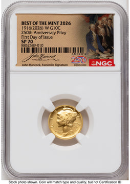 2026-W Best of the Mint 1916 Mercury Dime Gold 1/10 oz FDI America 250 John Hancock Label NGC MS70