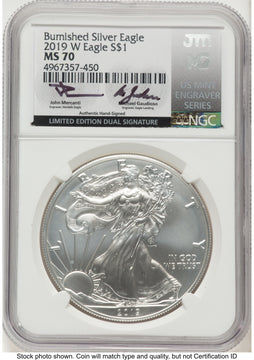 2019-W Burnished Silver Eagle 1 oz John /Michael Gaudioso US Mint Engraver Series NGC MS70 Mercanti