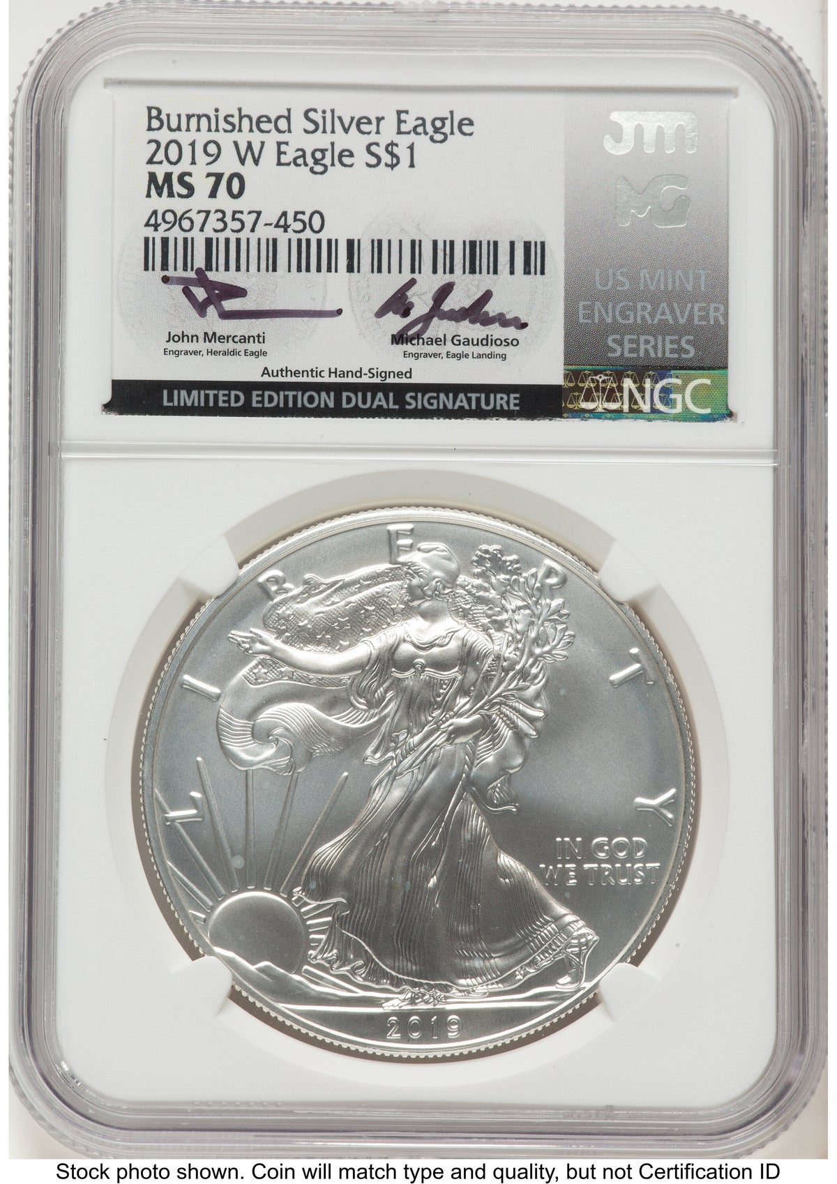 2019-W Burnished Silver Eagle 1 oz John /Michael Gaudioso US Mint Engraver Series NGC MS70 Mercanti