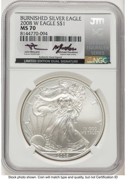 2008-W Burnished Silver Eagle 1 oz John /Michael Gaudioso US Mint Engraver Series NGC MS70 Mercanti