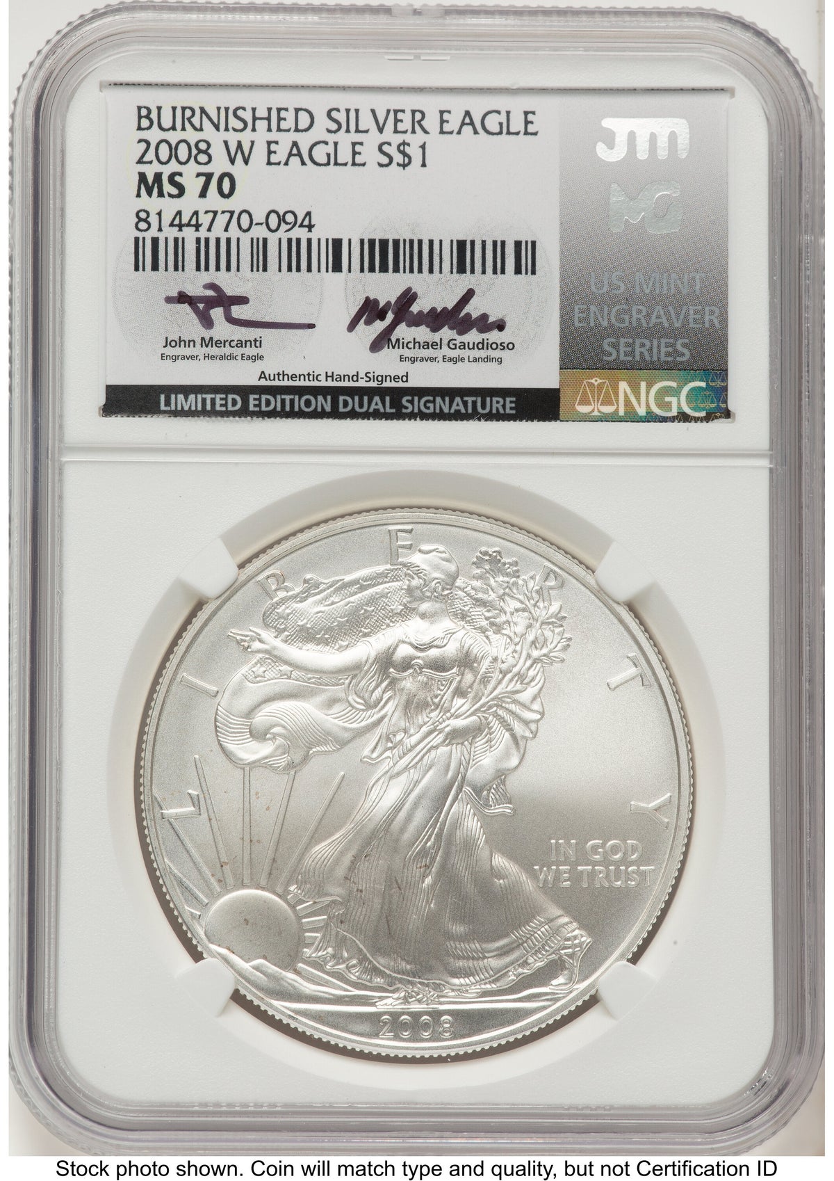 2008-W Burnished Silver Eagle 1 oz John /Michael Gaudioso US Mint Engraver Series NGC MS70 Mercanti