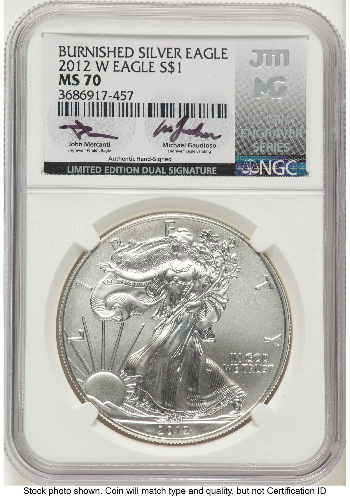 2012-W Burnished Silver Eagle 1 oz John /Michael Gaudioso US Mint Engraver Series NGC MS70 Mercanti