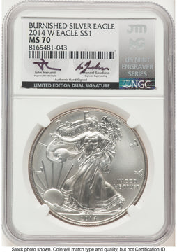 2014-W Burnished Silver Eagle 1 oz John /Michael Gaudioso US Mint Engraver Series NGC MS70 Mercanti