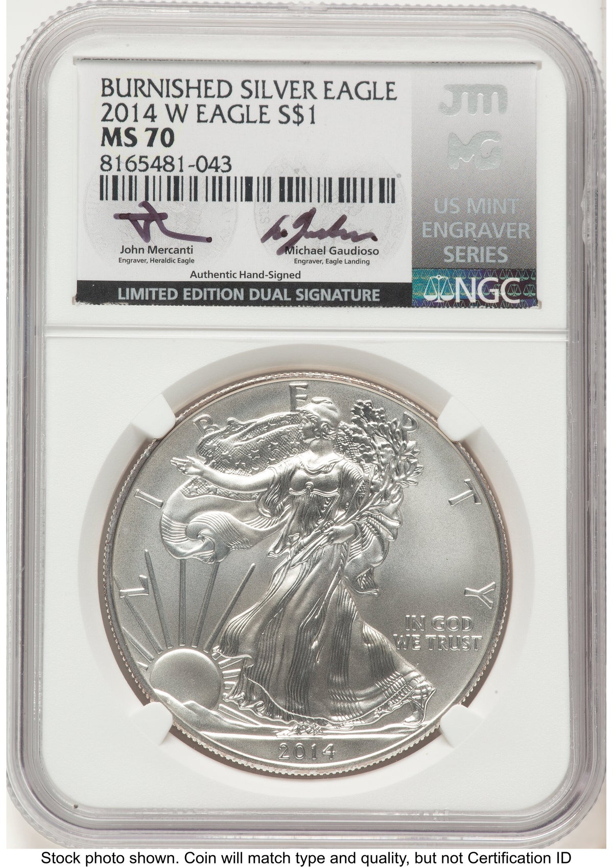 2014-W Burnished Silver Eagle 1 oz John /Michael Gaudioso US Mint Engraver Series NGC MS70 Mercanti