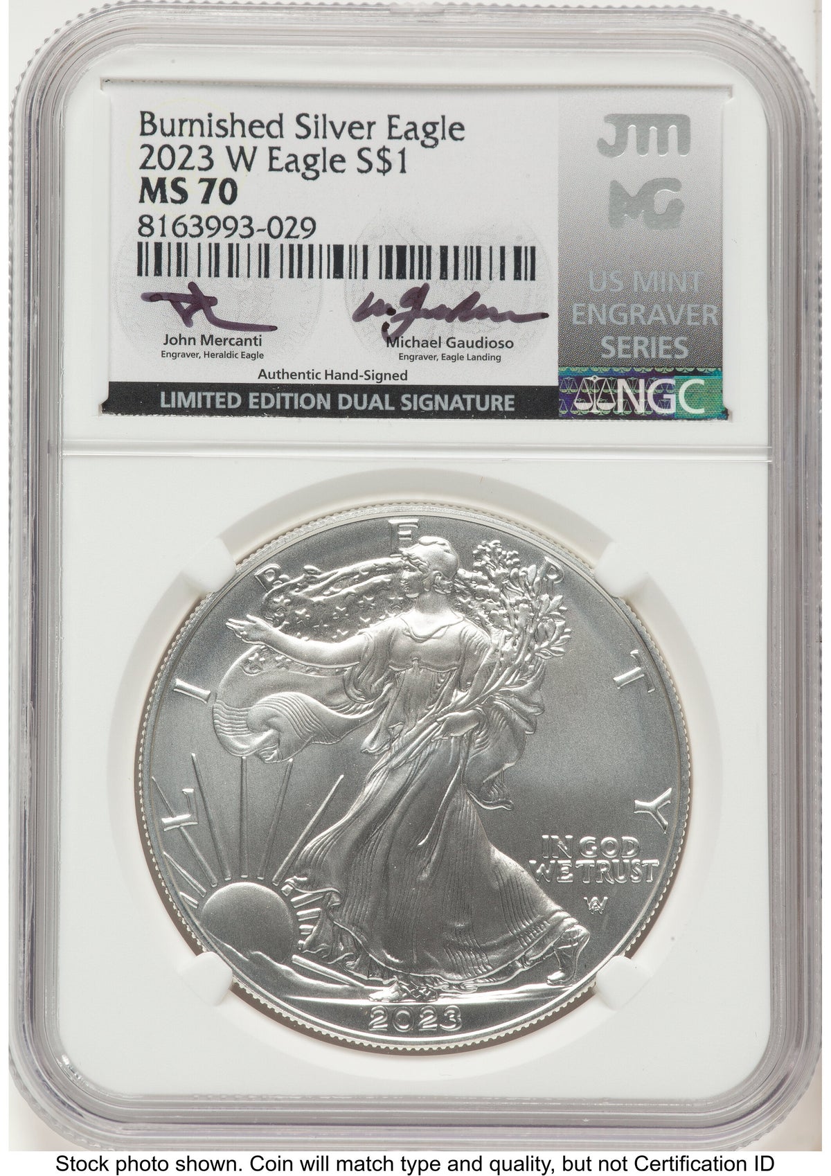 2023-W Burnished Silver Eagle 1 oz John /Michael Gaudioso US Mint Engraver Series NGC MS70 Mercanti