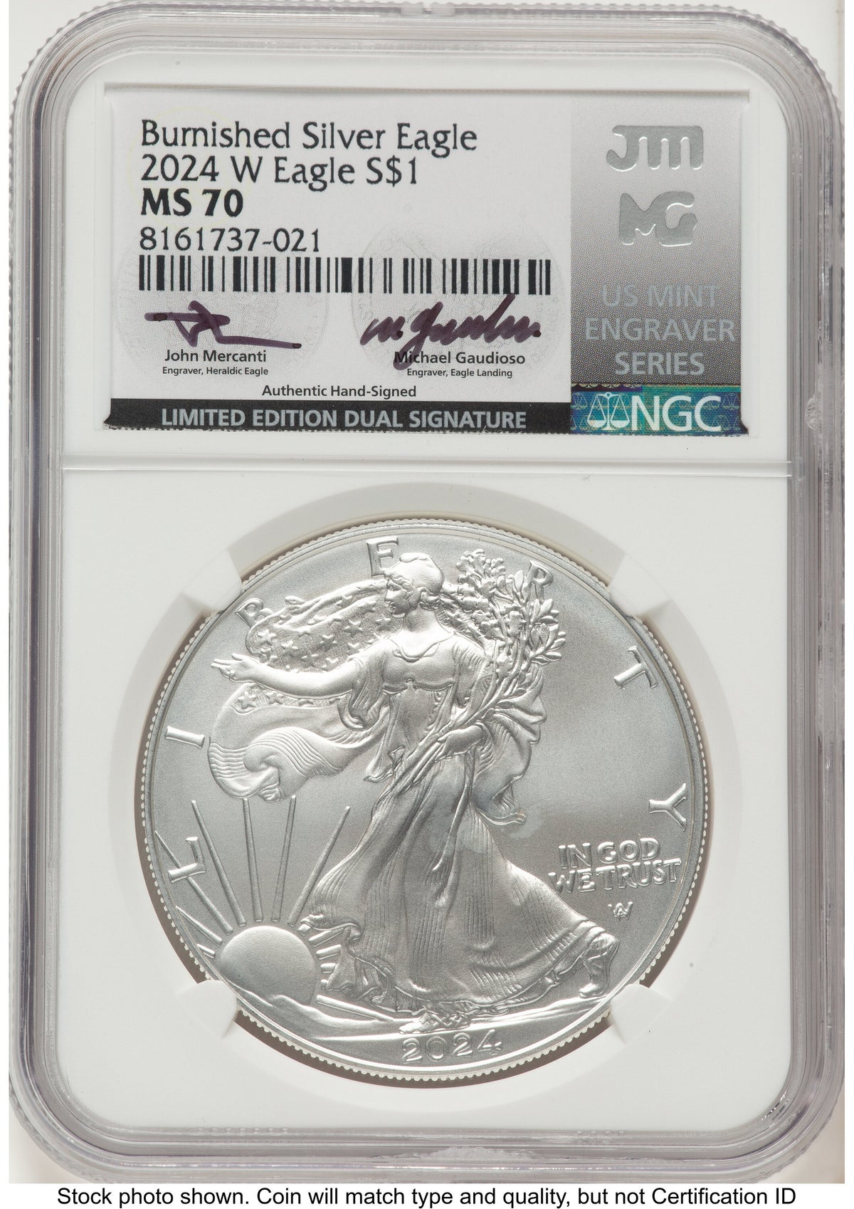 2024-W Burnished Silver Eagle 1 oz John /Michael Gaudioso US Mint Engraver Series NGC MS70 Mercanti