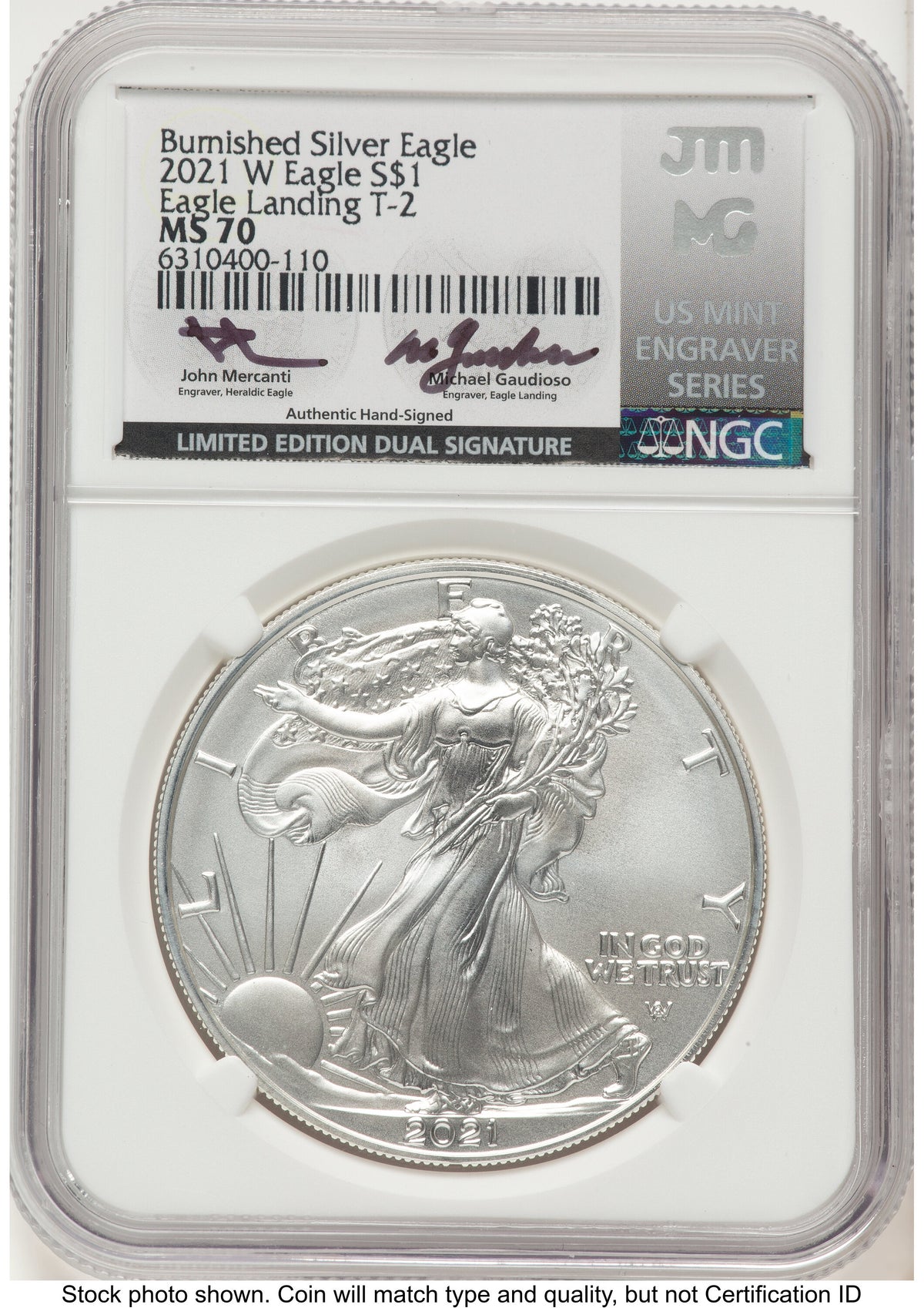 2021-W TY2 Burnished Silver Eagle 1 oz John /Michael Gaudioso US Mint Engraver Series NGC MS70 Mercanti
