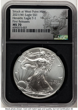 2021 Silver Eagle Type 1 FR Struck at West Point Black Heraldic Eagle NGC MS70