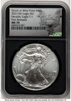 2021 Silver Eagle Type 1 FR Struck at West Point Black Heraldic Eagle NGC MS70