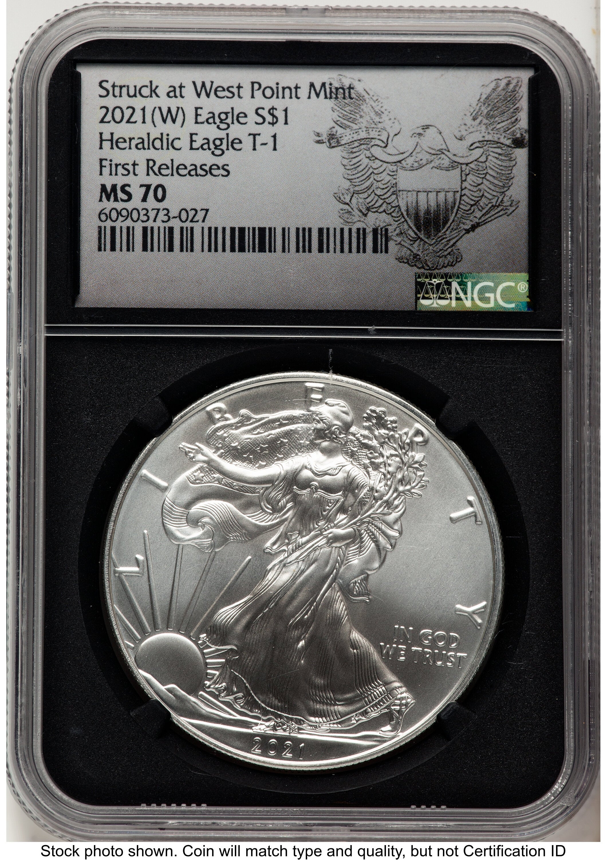 2021 Silver Eagle Type 1 FR Struck at West Point Black Heraldic Eagle NGC MS70