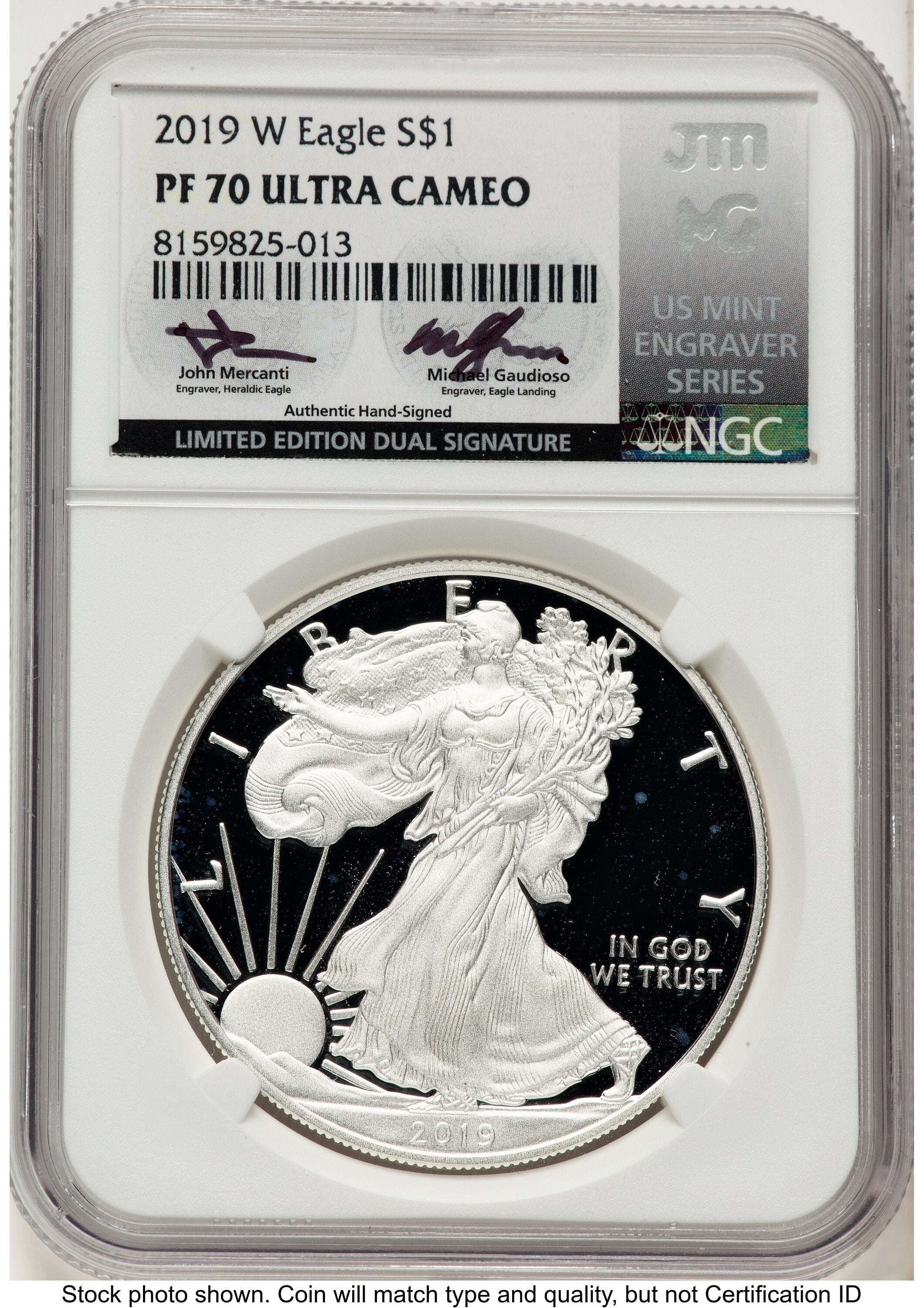 2019-W Proof Silver Eagle 1 oz John /Michael Gaudioso US Mint Engraver Series NGC PF70 Mercanti