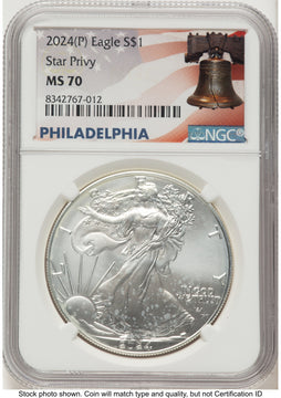 2024-(P) Silver Eagle (Privy Mark) Philadelphia Liberty Bell Flag Label NGC MS70